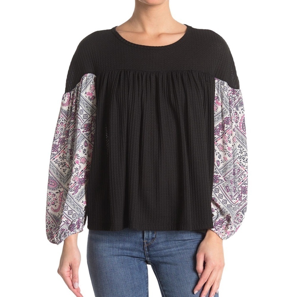 Baea Flounce Drop Shoulder Blouse Black Thermal Paisley Floral Sleeves Large NWT